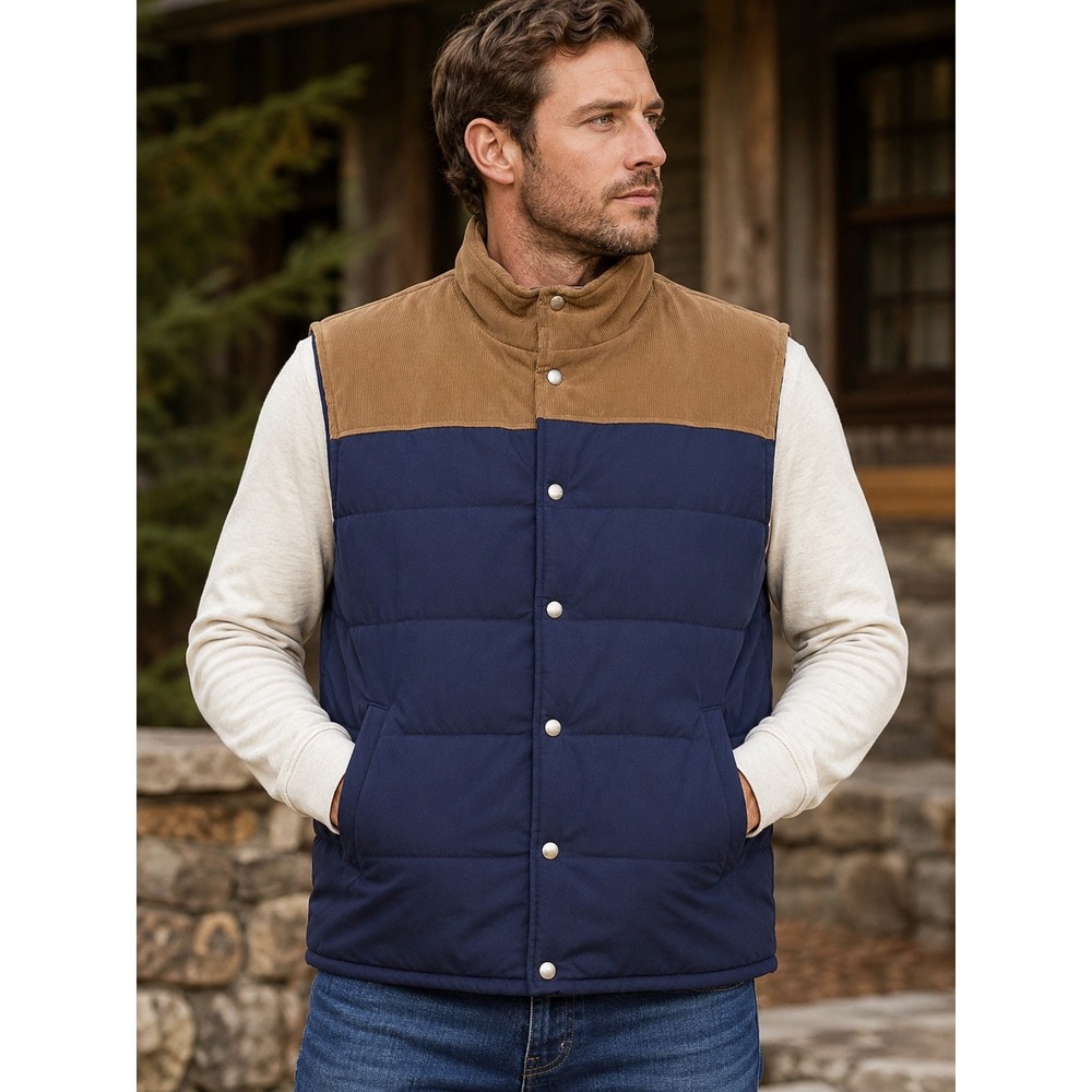 J Crew Men's Large Puffer Vest Navy Brown Corduroy Yoke Snap Front Outdoor